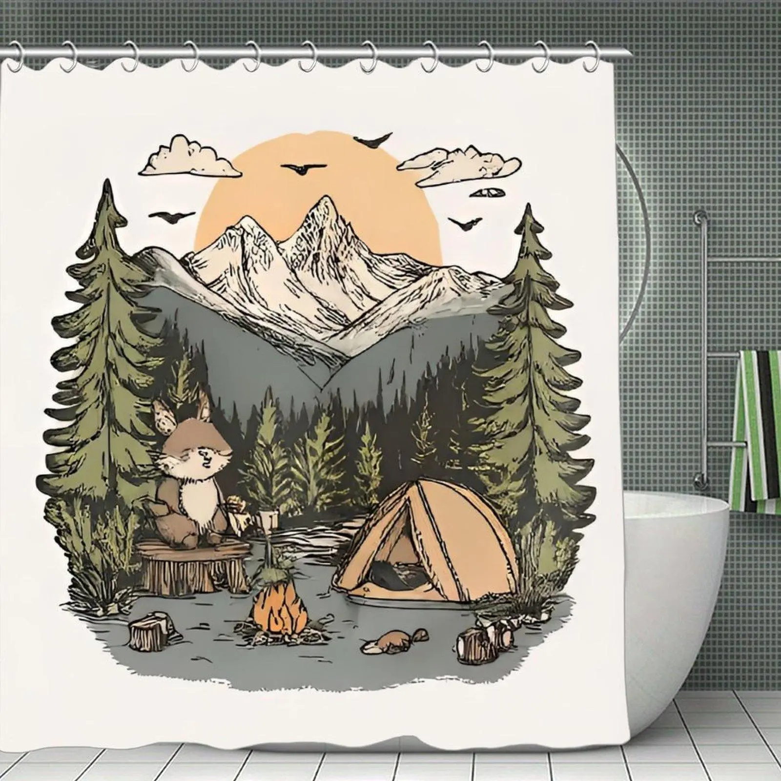 Mountain Fox Sunset Print Waterproof Shower Curtain, Woodland-Themed Outdoor Bathroom Home Decor