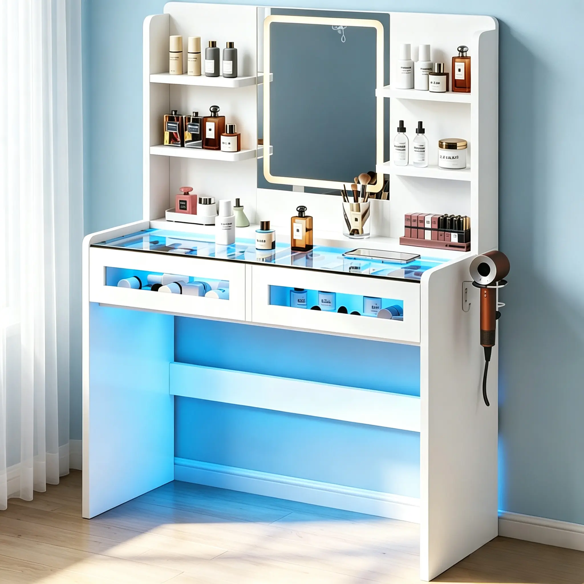 CollaredEagle Vanity Desk, Women Girls Bedroom Dressing Table, LED Light Mirror, Power Outlet, Transparent Top, RGB Drawers, Adjustable Brightness, 3 Lighting Modes, Vanity Mirror, Accent Light Makeup Vanities