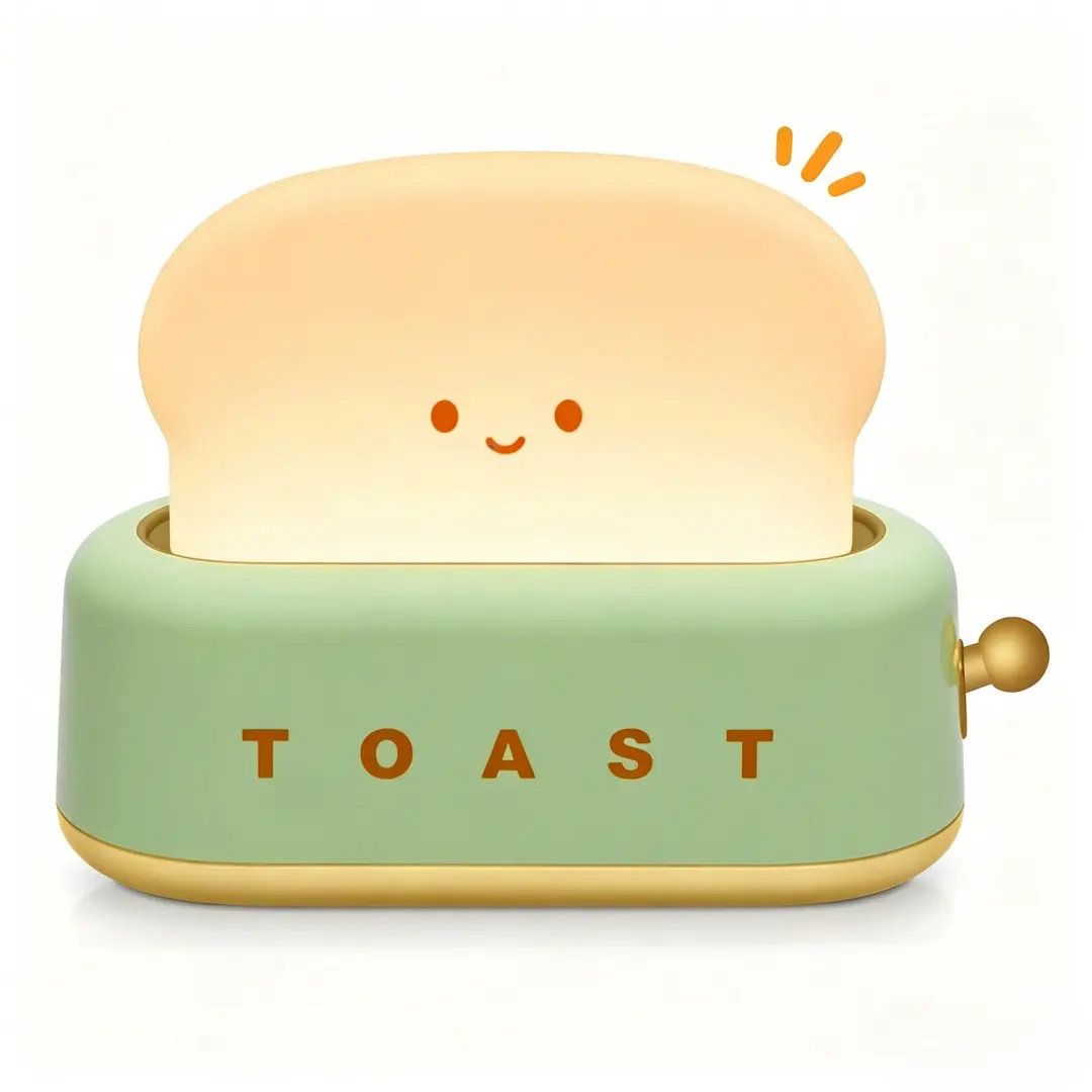Kawaii Whimsical Aesthetic Rechargeable Toaster Lamp with Smile Face Toast Bread Design - Bedroom Home Decor Small Indoor Night Light for Bedside, Desk, Gift
