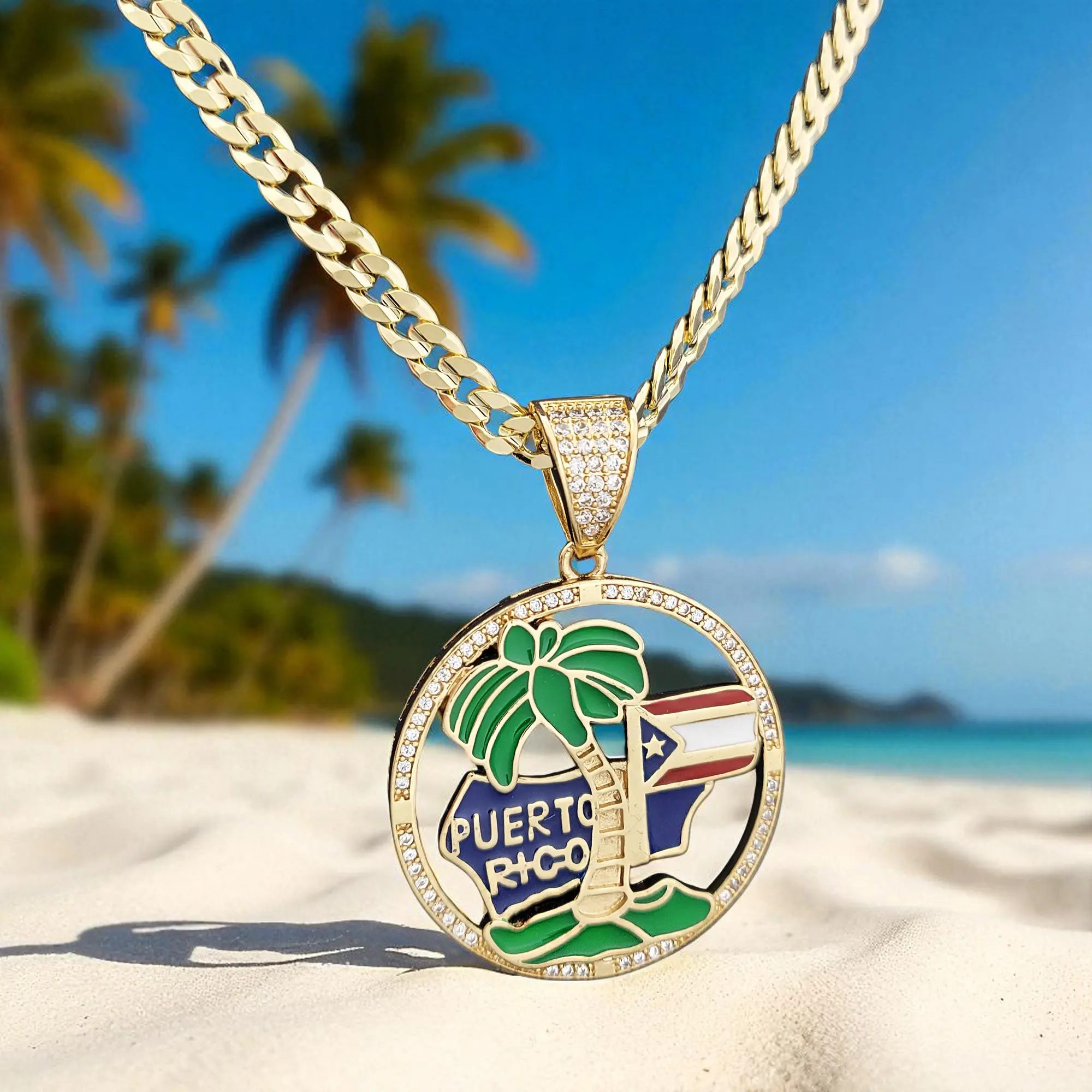 MaxBling81 AAA+ CZ High-End Brass Puerto Rico Flag Farm Tree Pendant, 14K Stamped 6mm Cuban Chain Necklace, 20" or 24" Length, Hip Hop Celeb Style for Daily Wear