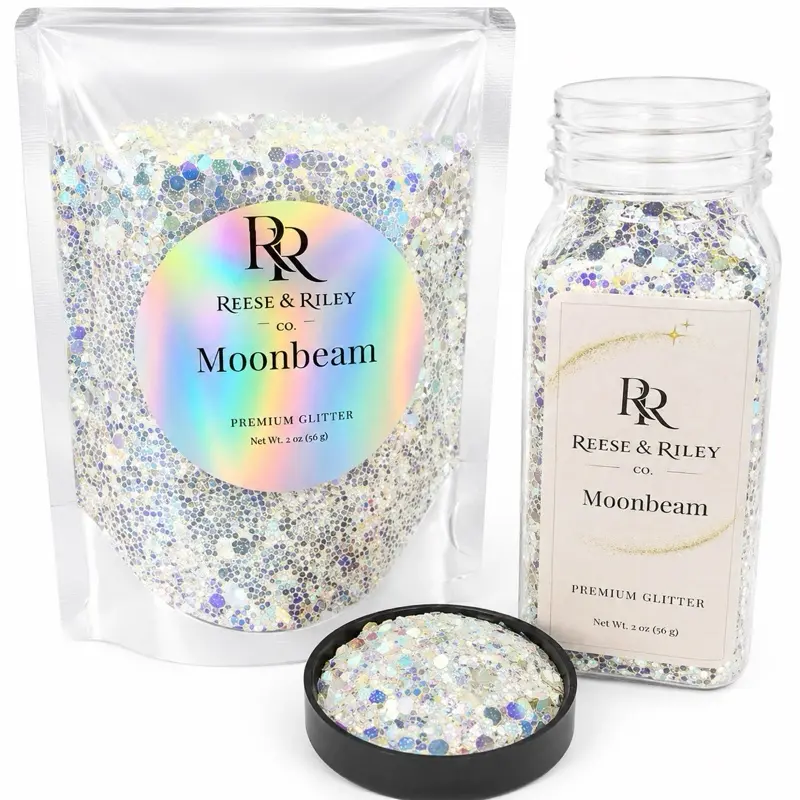 Reese & Riley Co. Moonbeam Premium Silver Holographic Glitter - Metallic Glitter Shiny Supply for Makers, DIY Craft Projects, Kids Art Projects, Chunky Mix, Luxe Finish