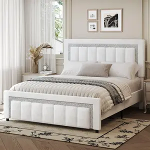 HOMBCK Bed Frame, No Mattress, Velvet Upholstered, Diamond Headboard, Vertical Channel Tufted Headboard, No Box Spring Needed, Easy Assembly