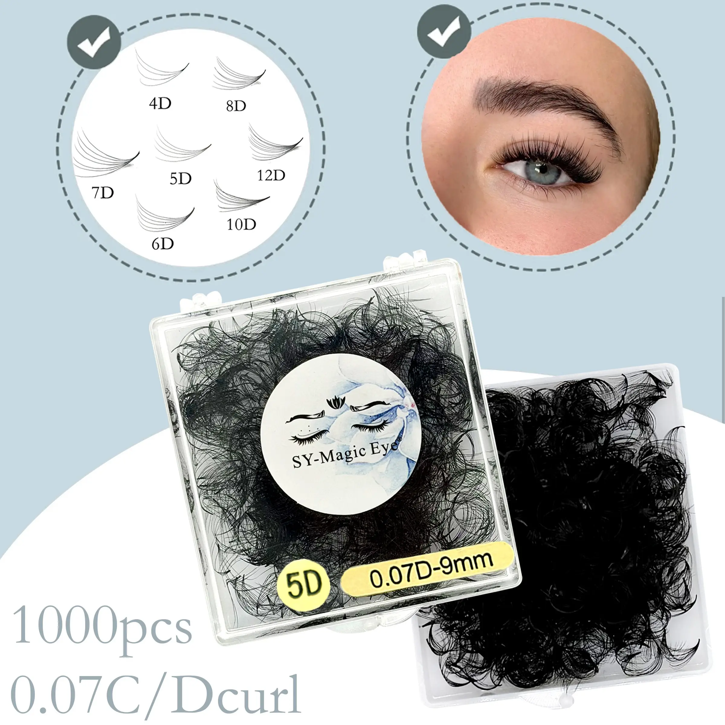 1000 Pcs Per box, 4D-8D, Curl C/D, Pointy Base, Thickness 0.07mm, 8-15mm/MIX, Sharp Narrow Stem Premade Fans False Eyelash Extension, Natural Cluster Lashes, Beginner Friendly, Lightweight Lash Extensions, Wispy & Soft & Light