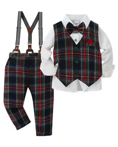 Toddler Baby Boy Clothes Suits Gentleman Dress Shirt+Bowtie+Vest+Suspender Pants Boy Formal Wedding Outfits Set 1-5T