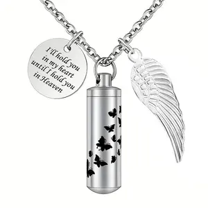 Creative wing butterfly urn pendant necklace stainless steel small cylinder can be opened to commemorate the ashes of loved ones, pets, hair and teeth