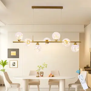 Modern Light LED Dimmable Pendant,7-Light Glass Globe Hanging Light Fixture with Remote,Round Pendant Light Fixture for Bedroom, Kitchen Island, Living Room, Entryway