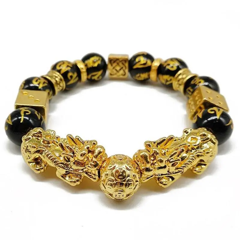 Unisex Gold-Plated Metal Double Pixiu Buddhism Religious Crystal Bracelet - Daily Wear for Wealth & Protection, Unisex Names