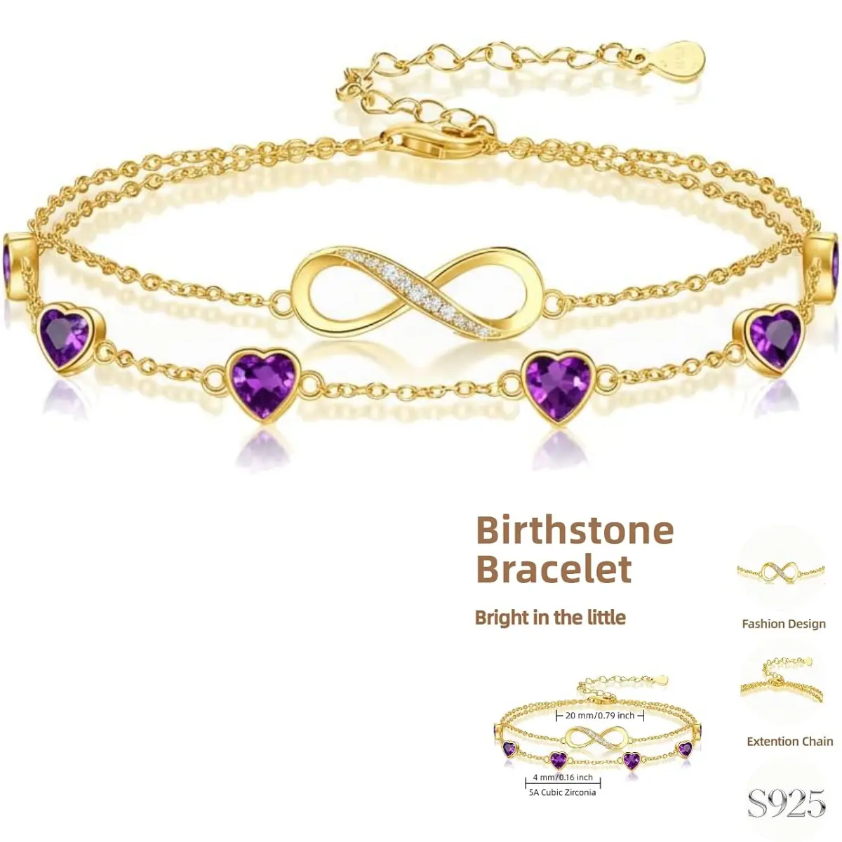 Infinity Birthstone Bracelet – 925 Sterling Silver Adjustable Charm Jewelry