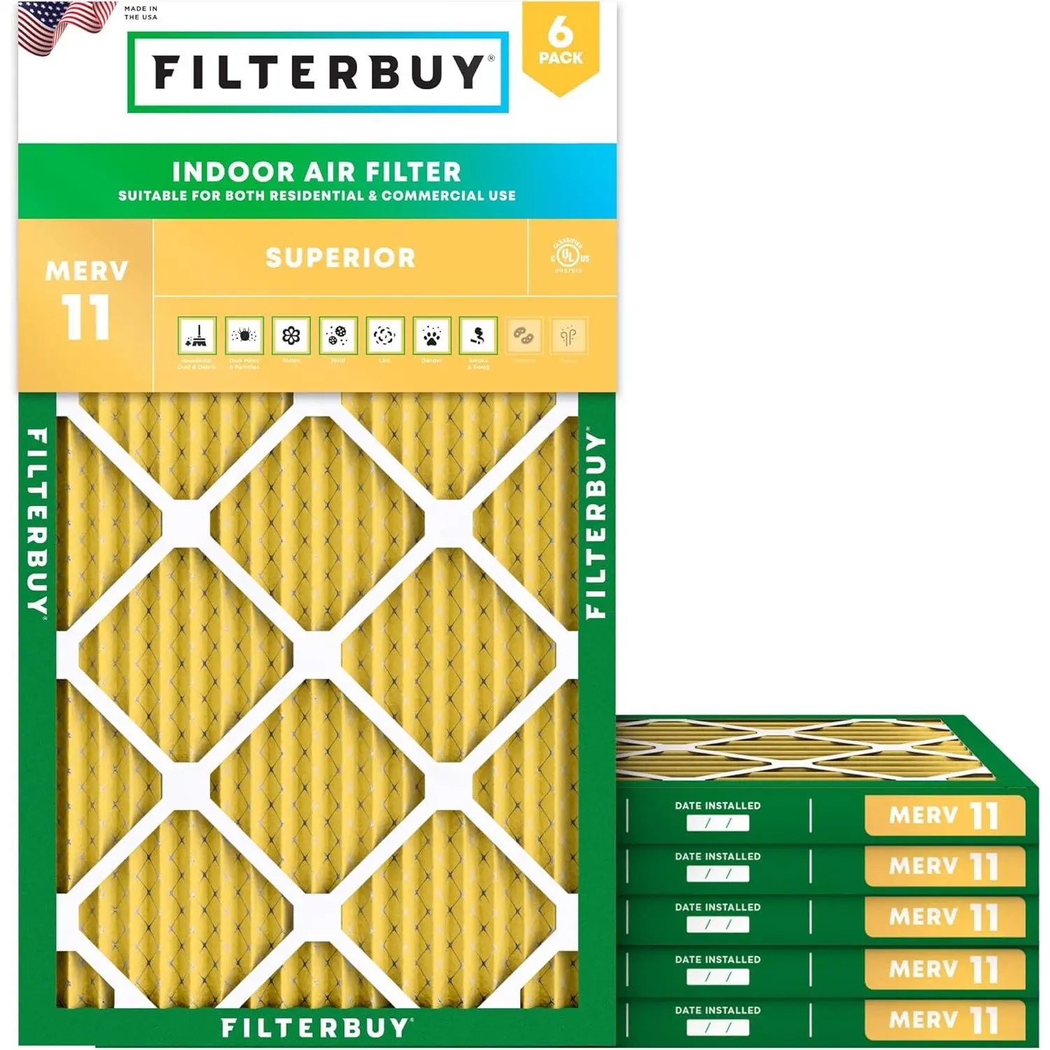 Filterbuy 22x36x1 Air Filter (6-Pack), Pleated MERV 11 Allergen Defense HVAC AC Furnace Air Filters (Actual Size: 21.50 x 35.50 x 1.00 Inches)