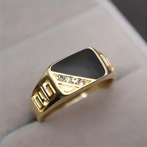 [Golden Plated Ring] 14K Golden Plated Elegant Simple Square & Triangle Enamel Ring with Cubic Zirconia Accents |   Perfect for Daily Wear or Vacation Accessory