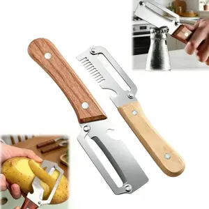 2-Pack Multi-Functional Kitchen Peeler – Premium Stainless Steel Blade with Wooden Handle, Bottle Opener, and Julienne/Shred Cutter for Fruits and Vegetables, Kitchen Tool
