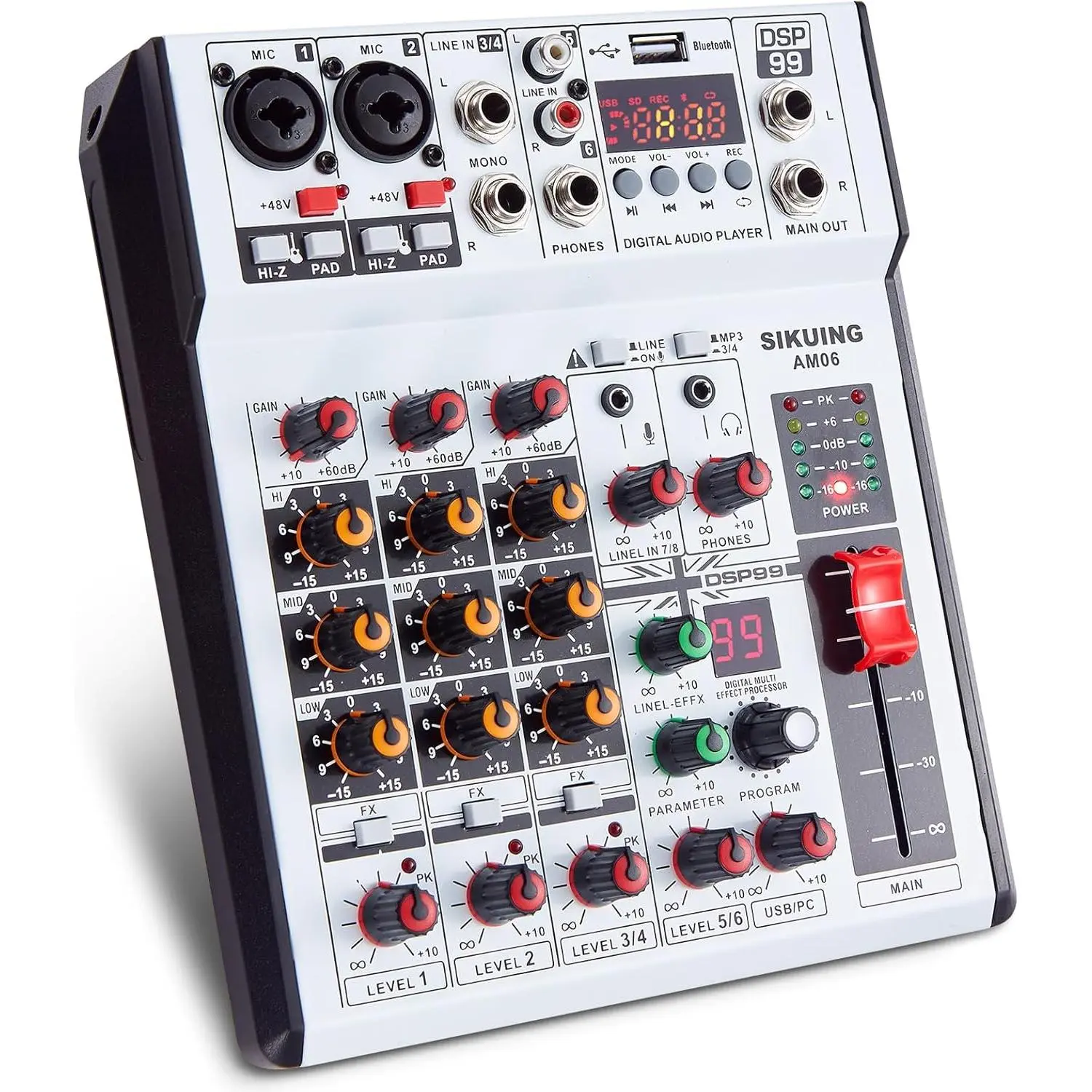 Professional 6-Channel Mixer Amplifier Sound Board Console - 99 DSP Effects, 48V Phantom Power, Bluetooth, USB Type-A Interface, Sound Control Tool for Karaoke, Live Performances, Streaming & Studio Use (Smartphone-Compatible), Sound Control Mixer