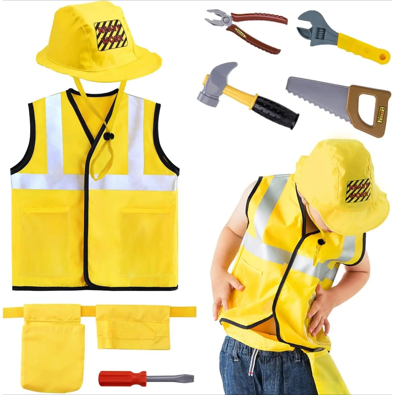 Kids' Construction Worker Role Play Costume, Breathable Nylon Outfit with Reflective Vest & Tool Belt, Includes Hammer, Saw, Pliers & Screwdriver for Creative Thanksgiving Fun, Vest + Hat, Creativity, All Seasons
