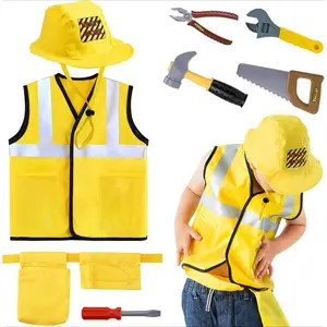 P-CPA012     Kids Construction Costumes, Toddler Worker Dress Up Clothes, Boys Pretend Builder Career Outfit, Halloween Role Play Toys, Tool Belt Vest Hat, Party Birthday Gift 3 4 5 6 Years Old Child