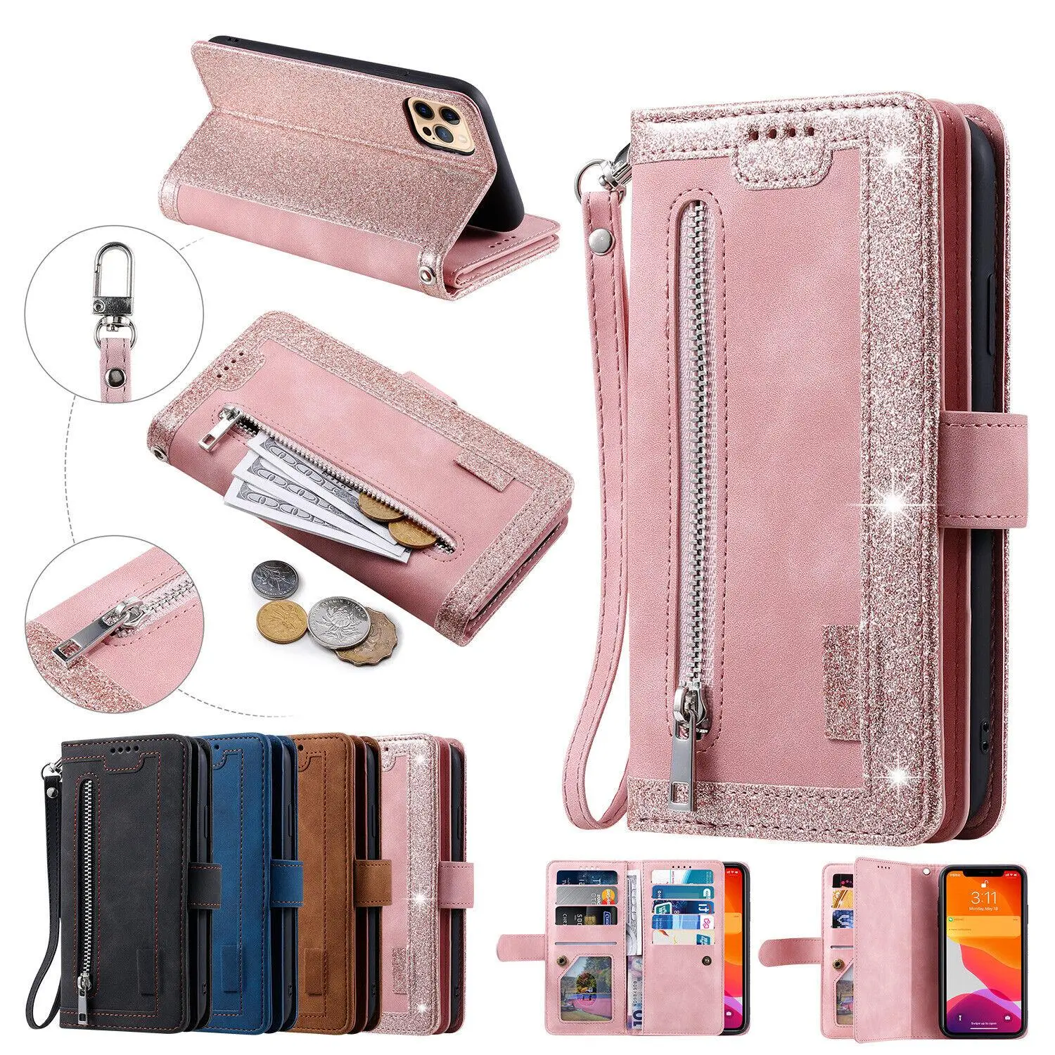 HISTORYOO RFID Blocking 9 Cards Holders Slots Wallet Case For iPhone 17 16 Pro Max 16 15 Pro 14 Plus 13 12 Mini 11 X XS Max Luxury Retro PU Leather Zipper Handbag Purse Flip Kickstand Folio glitter Cover Wristlet Wrist Strap Lanyard for Women
