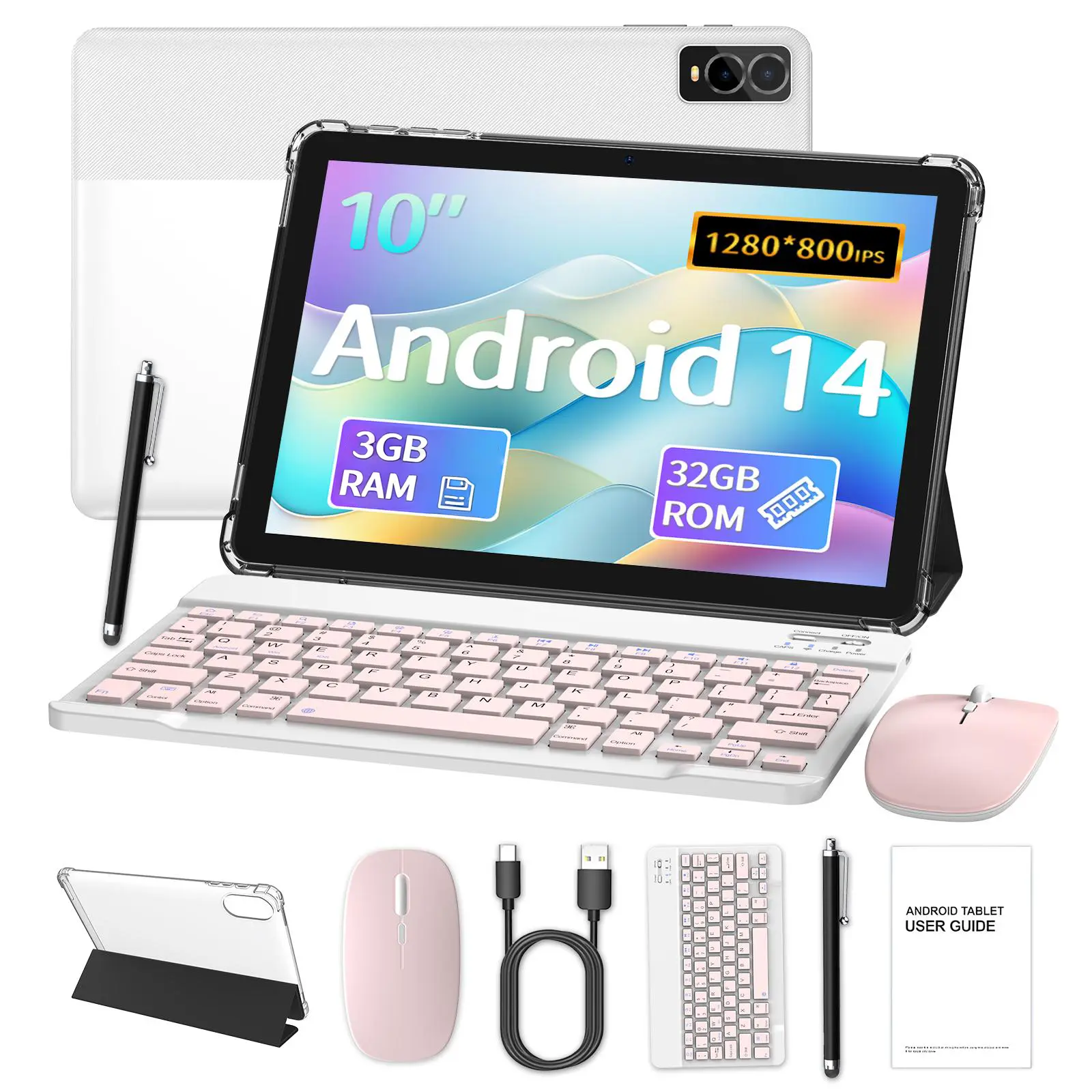 10 Inch Android 14 Touchscreen Tablet, Octa-Core Processor, 3GB RAM+32GB ROM, 1280*800 IPS Display, 2+2MP Dual Cameras, WiFi Enabled, Keyboard Support with Optional Case & Mouse, Non-Electric Stylus, Halloween Gift, Android Tablets