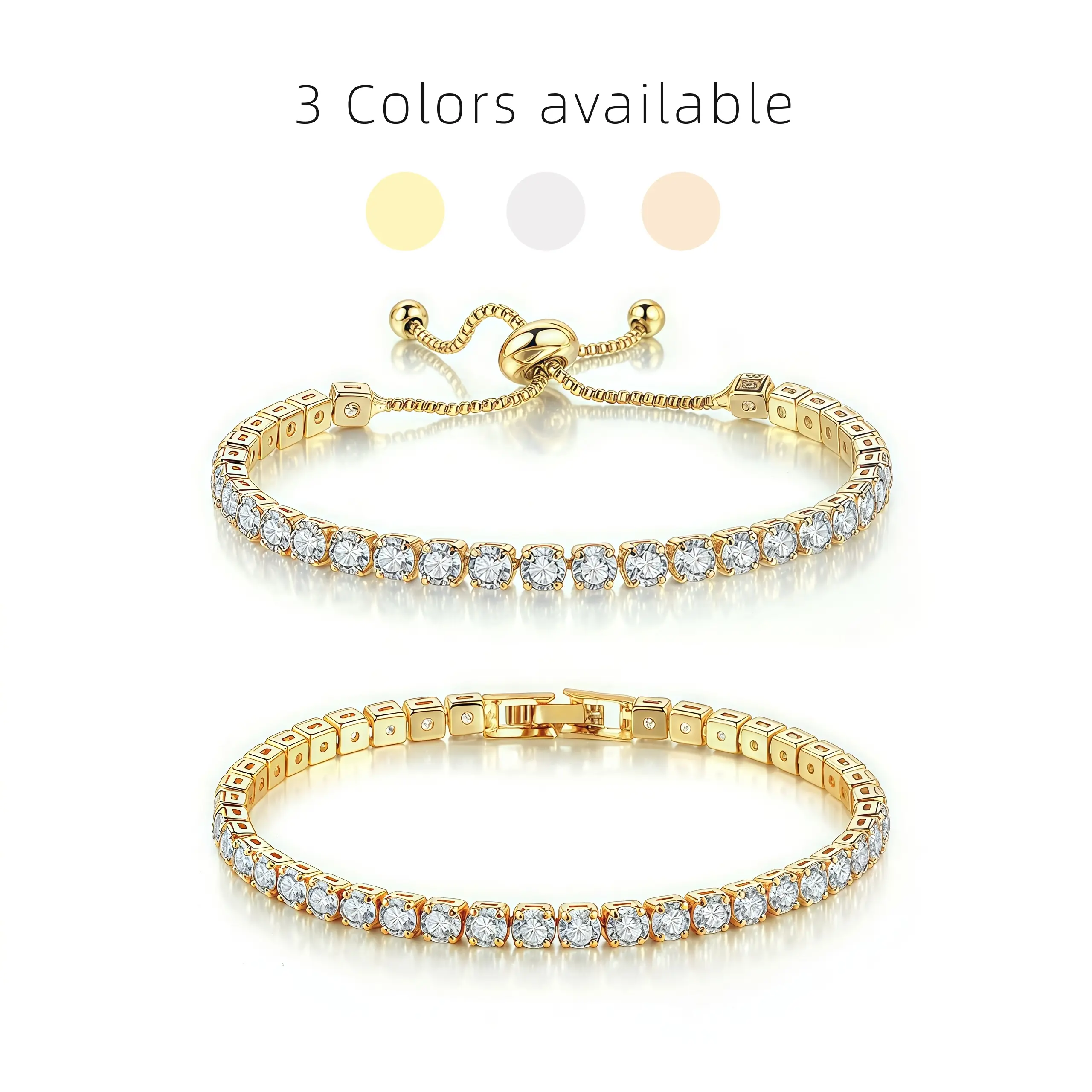 NOKMIT 14K Gold Plated 4mm Cubic Zirconia Set, Bracelet,2-pec,Summer Rhinestone Decorated Trendy Bangle,Classic Tennis Bracelet Hypoallergenic Gold Bracelets for Women,Minimalist Aesthetic Jewelry Gift