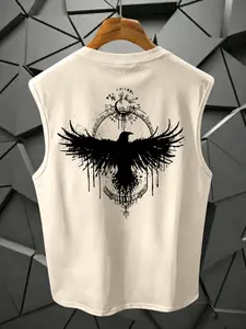 Dark Viking Raven Print Sleeveless Vest, Nordic Rune Totem Street Style, Loose Fit Sporty Tank Top, Fashionable Casual Wear
