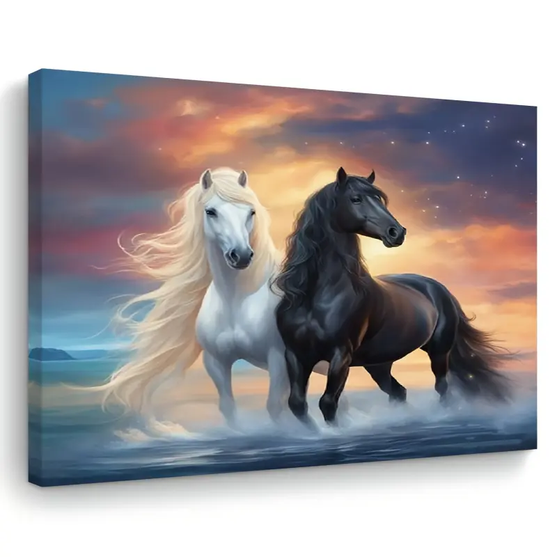 Starry Sky and Black and White Horse Canvas Wall Art Painting, 1 Piece Wooden Frame Print, Suitable for Living Room, Bedroom - Home and Office Decoration, Holiday Gift, Horse Wall Art, Art Work For Wall Decor, Perfect Room Decoration