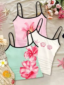 3-piece set, girls' beach vacation camisole set, featuring pink lily print, mint green hibiscus print, and white starfish shell print, with adjustable thin shoulder straps and pleated vest for summer, suitable for girls and teenagers