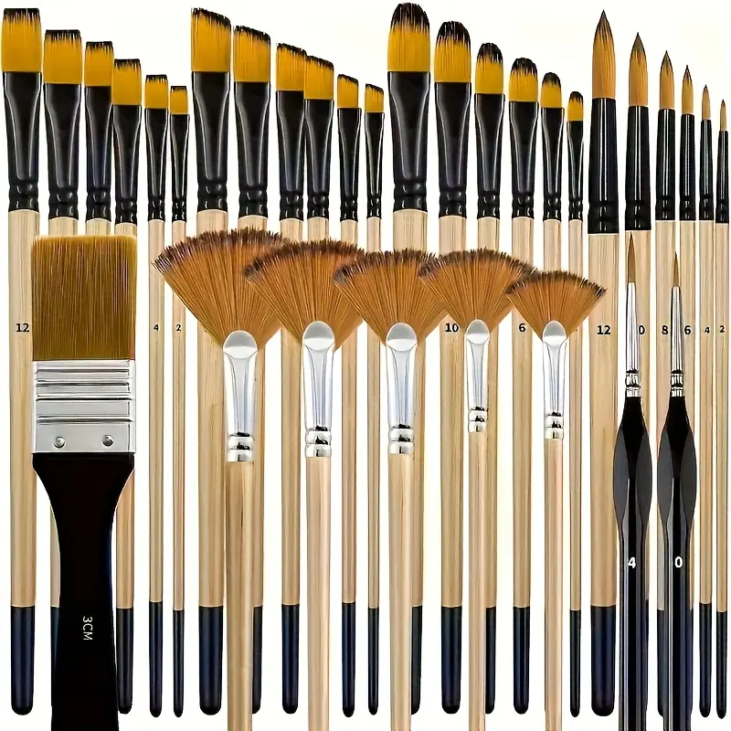 32 pieces Luxury Nylon Brush Art Set - Round, Fibet, Fruit Shape, Flat, Fan, Angle, and Detail Brushes Wood Brush for Acrylic, Oil Painting, and Watercolor Painting Delicate Art Painting Oil Painting Line Brush Multi functional Set-