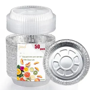 (50 Pack) 7-Inch Round Aluminum Pans Disposable with Plastic Dome Lids Tin Foil Pans for Roasting, Meal Prep, to-Go Containers Silver Rectangular