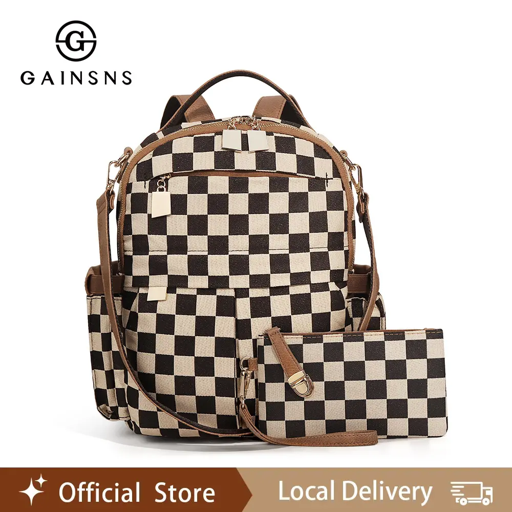 GAINSNS Checkered Plaid Travel Essentials Backpacks for Women 2026, 2-in-1 Casual Trendy Versatile High-quality Daily Commuting Bag Set with Luggage Strap, Large Shoulder Bag for Women for Daily Used