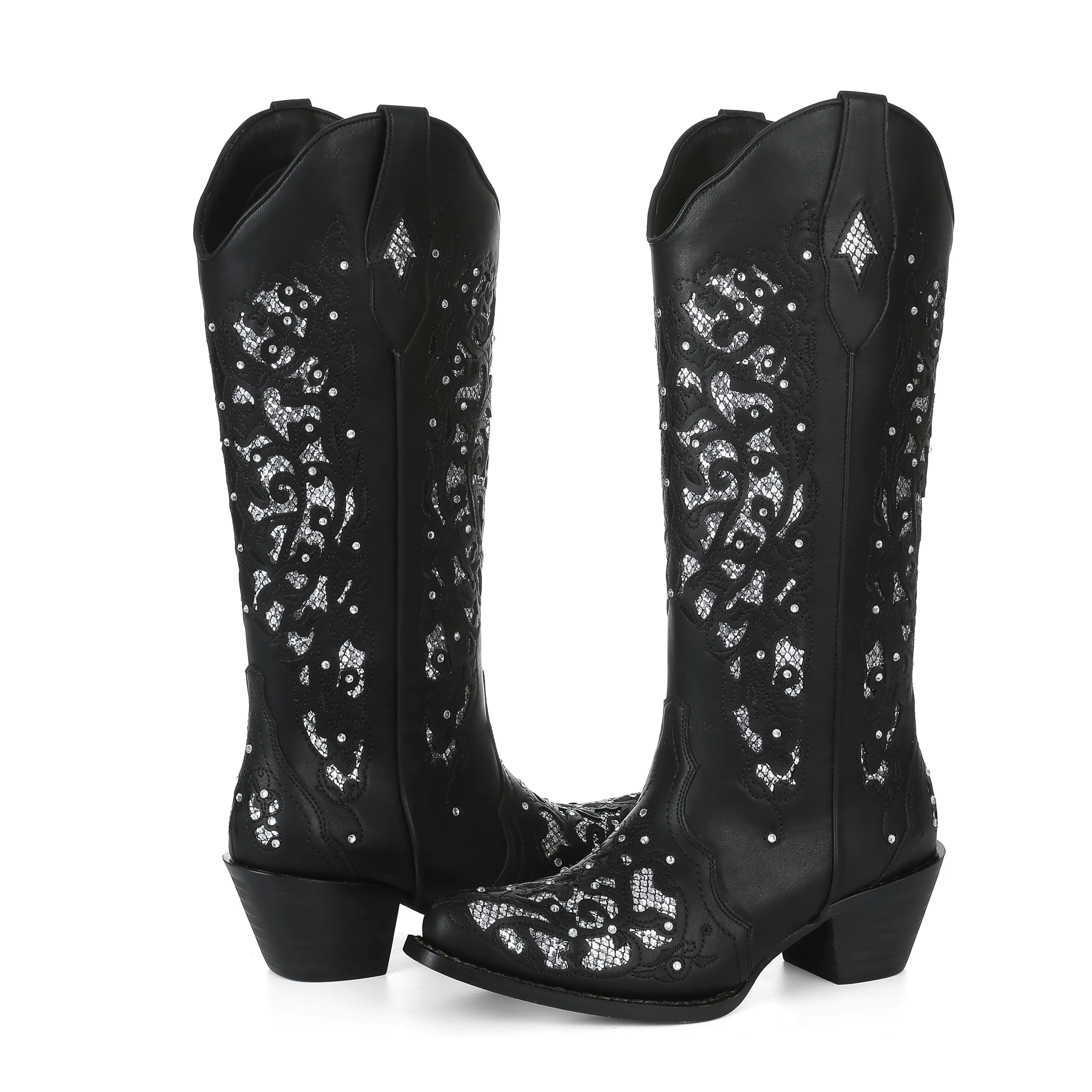 EROCALLI Women's Glitter Rhinestone Cowboy Boots Vintage Embroidered Mid Calf Cowgirl Boots with Chunky Heel Sparkly Western Boots for Wedding Occasions