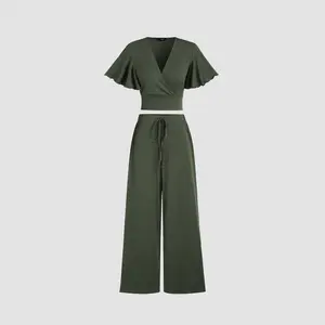 Cider [size 2-10] V-neck Solid Ruched Crop Top & Pants Matching Set SwimWeek
