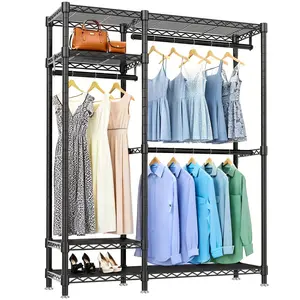 Heavy Duty Clothes Rack, Freestanding Closet Organizer, Portable Metal Clothing Rack, Adjustable Wire Shelving Clothes Rack with 6 Adjustable Wire Shelves and 3 Clothes Rails, Black