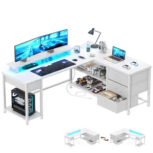 51" Reversible L-Shaped Gaming Desk - White Indoor Home Office Corner Gaming Furniture with 4 Drawers, Monitor Stand, USB Port, LED Lights, Open Shelving, Hooks