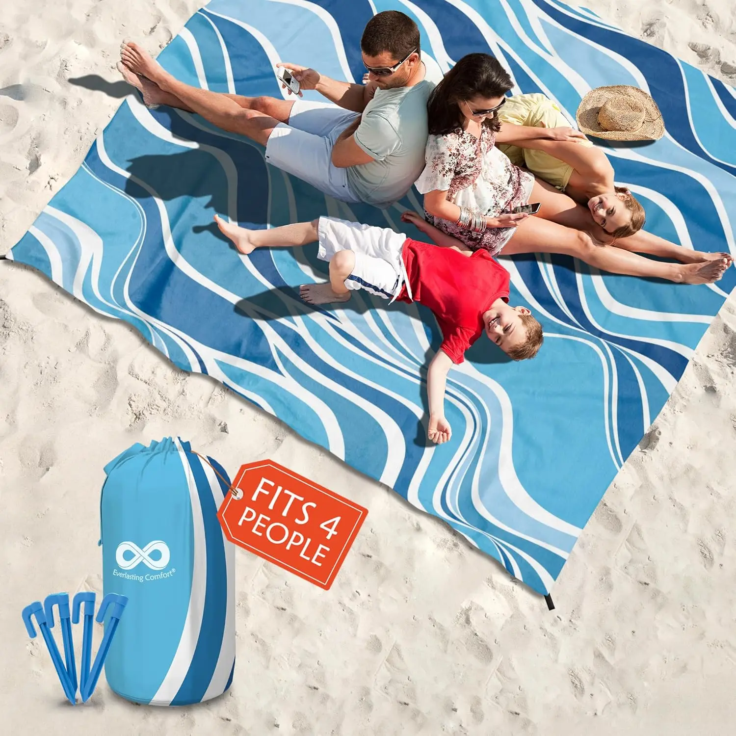 Everlasting Comfort Beach Blanket – With Carrying Bag, Travel Clip & 4 Stakes | Sandproof & Waterproof | Oversized Mat for Beach, Camping, Picnic & Hiking | Quick Dry & Machine Washable
