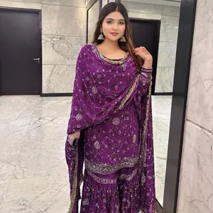 INDIAN TRENDING GEORGETTE EMBROIDERY SEQUENCE WORK TOP SHARARA WITH DUPATTA