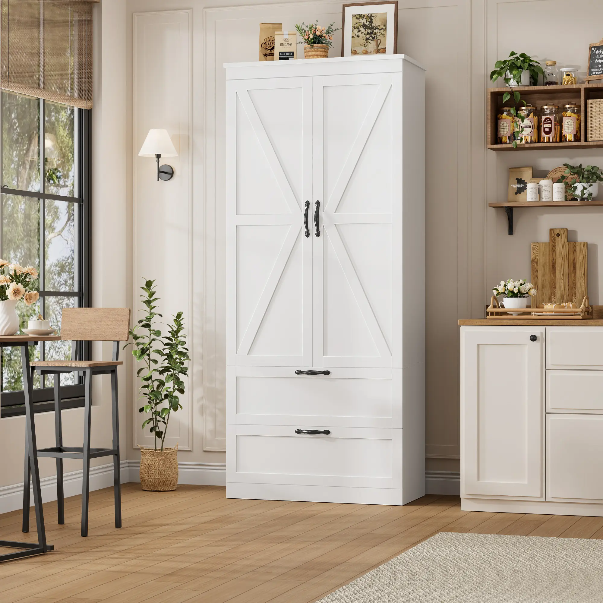 HOSTACK 70" Tall Kitchen Pantry Storage Cabinet with Barn Doors, Modern Storage Cabinet with Drawers, Adjustable Shelves