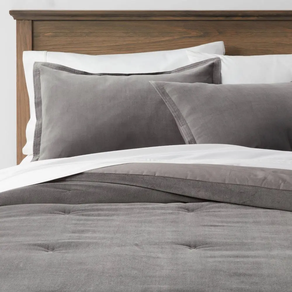 King Cotton Velvet Comforter and Sham Set Charcoal - Threshold: OEKO-TEX Certified Machine Washable