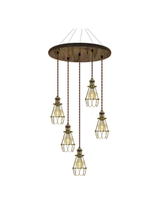 18" Round Wood Chandelier: Walnut, Brown, and Brass Cages