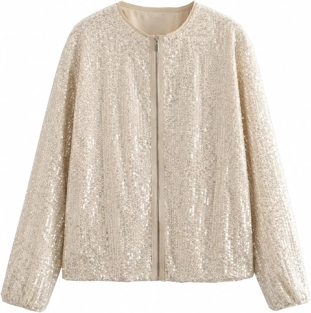 DOLGIEJ Collective Women's Sequin Zip Up Bomber Jacket