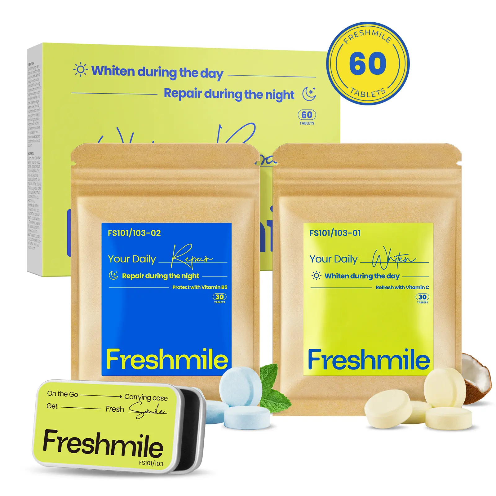FRESHMILE Day & Night Fluoride-Free Toothpaste Tablets, 60-Count Portable Travel Kit with Nano-Hydroxyapatite & Vitamin C - Anti-Bacterial Oral Care for Sensitive Gums, Pregnant Women - Travel Size Stuff, Deep Clean, Repairing, On-the-Go Freshness, Non-Me