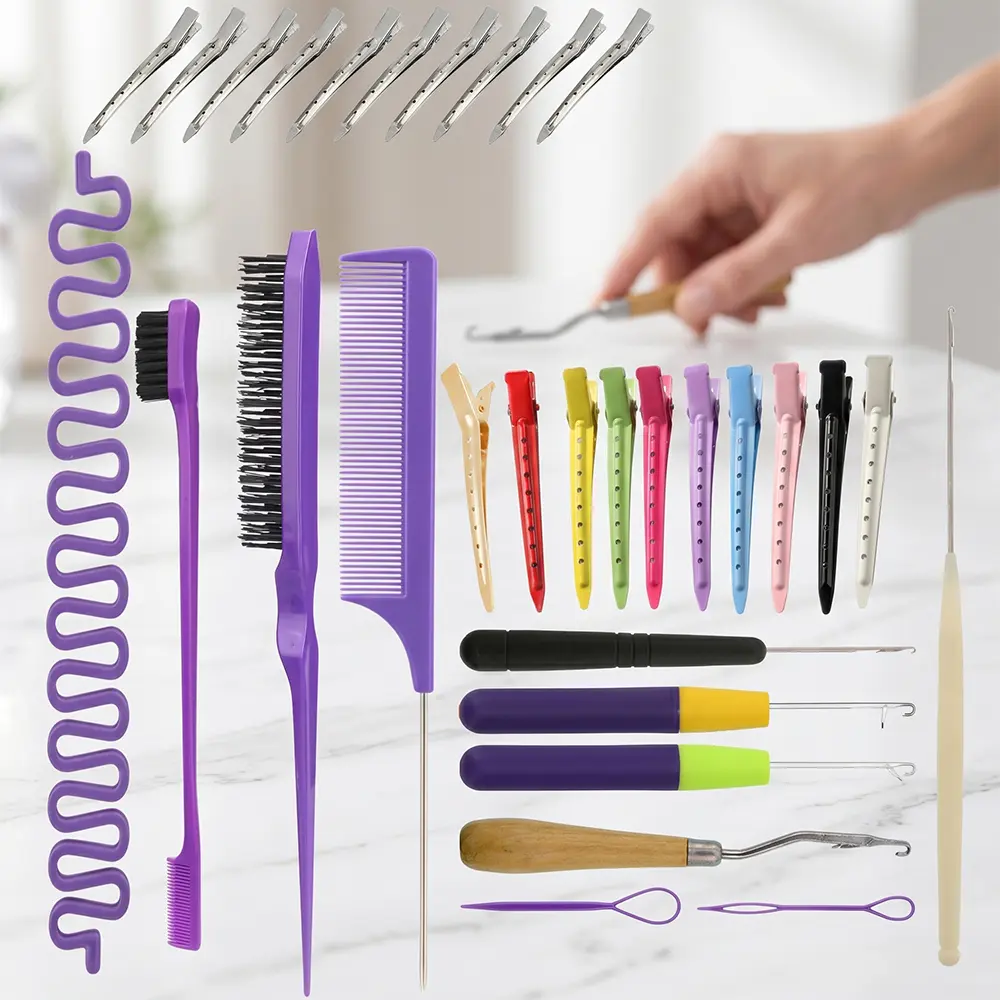 31pcs Professional Haircare Crochet Hook & Styling Set with Brushes, Clips - Ideal for Weave Tightening, Dreadlock Maintenance, Braiding for Home Salon Use