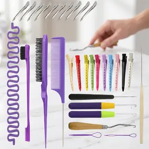 31pcs Professional Hair Crochet Hook & Styling Set with Brushes & Clips - Suitable for Weave, Dreadlock, Braiding, Twisting for Home Salon Use for Weave Tightening, Fixing, Dreadlock Maintenance