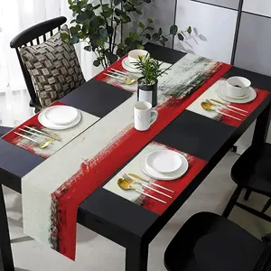 1 piece/4 piece/5 piece set/7 piece set, table flag+placemat combination, Rectangular, abstract pattern red and white stripe design, suitable for kitchen, dining room and indoor and outdoor family gatherings, suitable for daily desktop use