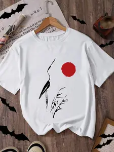 graphic  print crop t-shirt, Casual short sleeve crew neck slim fit crop top for spring & summer, women's clothing