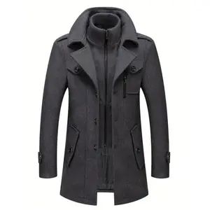 Men’s stand-collar wool blend pea coats with removable single-breasted overcoats — menswear jackets with long sleeves