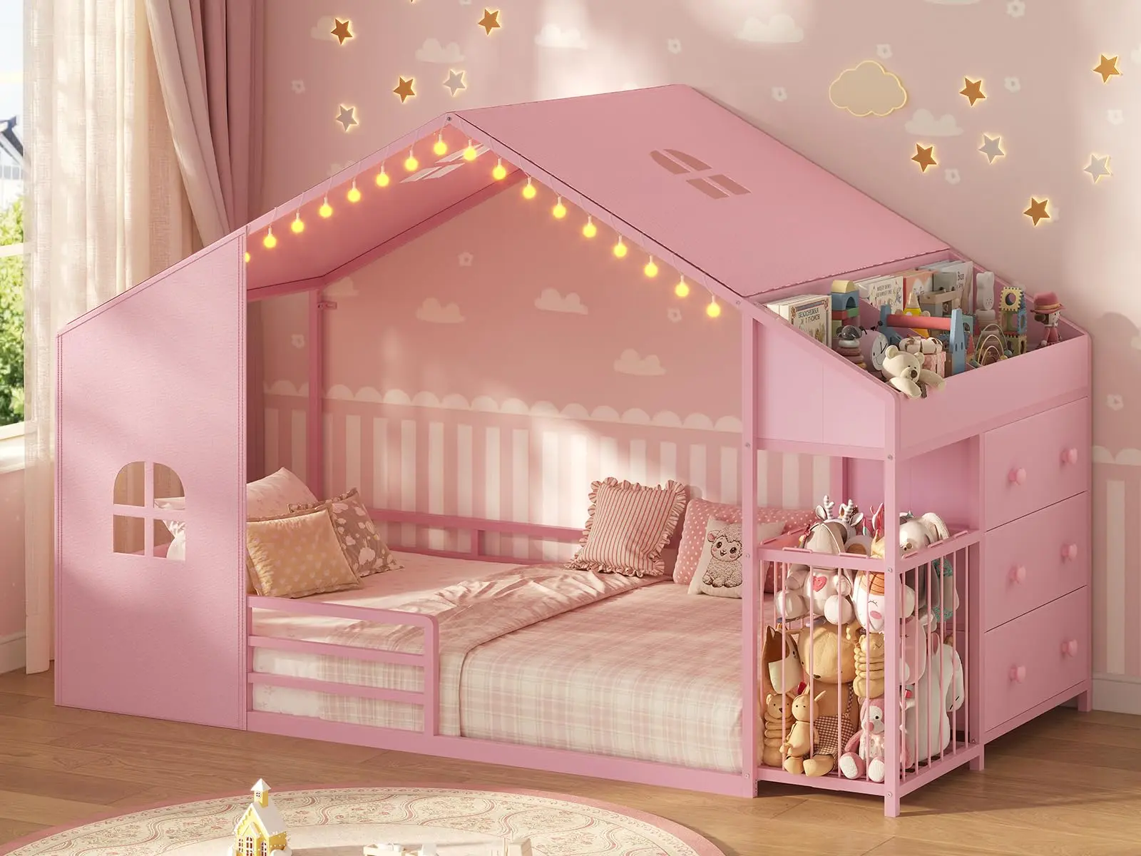 Twin Size Montessori Floor Bed with LED Night Light & Safety Guardrail, House Bed Floor Bed Twin with Drawers, Bookshelf storage & Plush Toy Storage Cage, Playhouse Bed Frame for Bedroom, Nursery, Pink