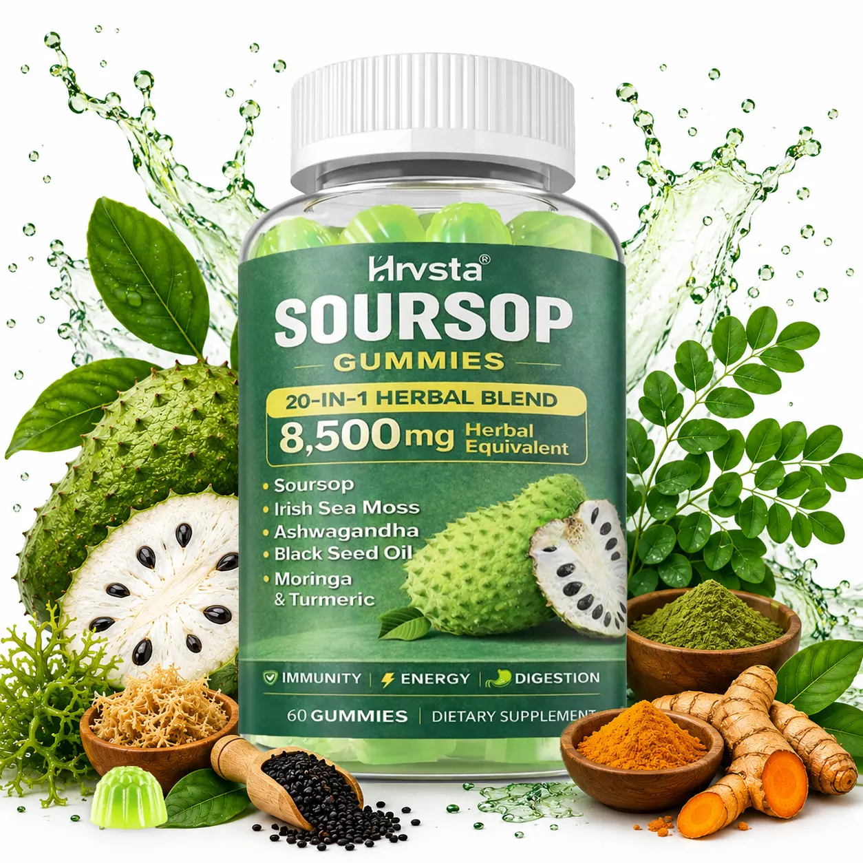 Soursop Gummies: 20-in-1 Herbal Complex | With Sea Moss, Moringa, Turmeric, Black Seed Oil, Oregano & Ashwagandha | Immune Support & Daily Wellness | Vegan, Non-GMO | 60 Count