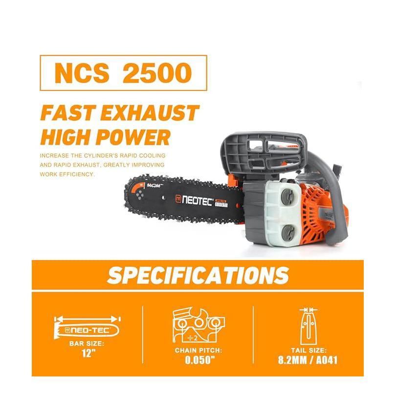 NEOTEC NCS2500/NCS2511 25.4CC 12" Gas Chainsaw, Lightweight 2-Stroke Handheld Chain Saw, Easy Start, One-Hand Operation, Portable Power for Tree Cutting & Branch Trimming