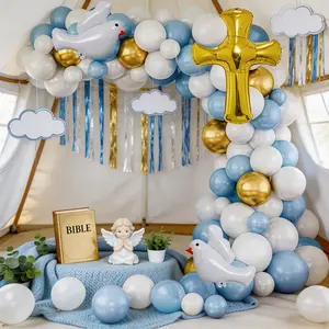 100pcs Communion Theme Blue Gold Balloon Arch Set, Dove Cross Aluminum Foil Balloons, Latex Balloons, Baptism Baby Shower Party Decorations