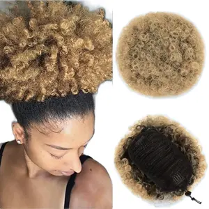 Afro Puff Drawstring Ponytail Synthetic Hair Extension Ombre Honey Colored Blonde Clip On Kinky Drawstring Curly Ponytail