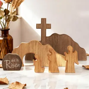 7pcs Wooden  Empty Tomb Easter Scene and Cross Decoration Easter Resurrection Scene Cross Jesus Tomb Tray Set Tabletop Christian Gifts Jesus Nativity Scene Decor for Religious Home Office Figures