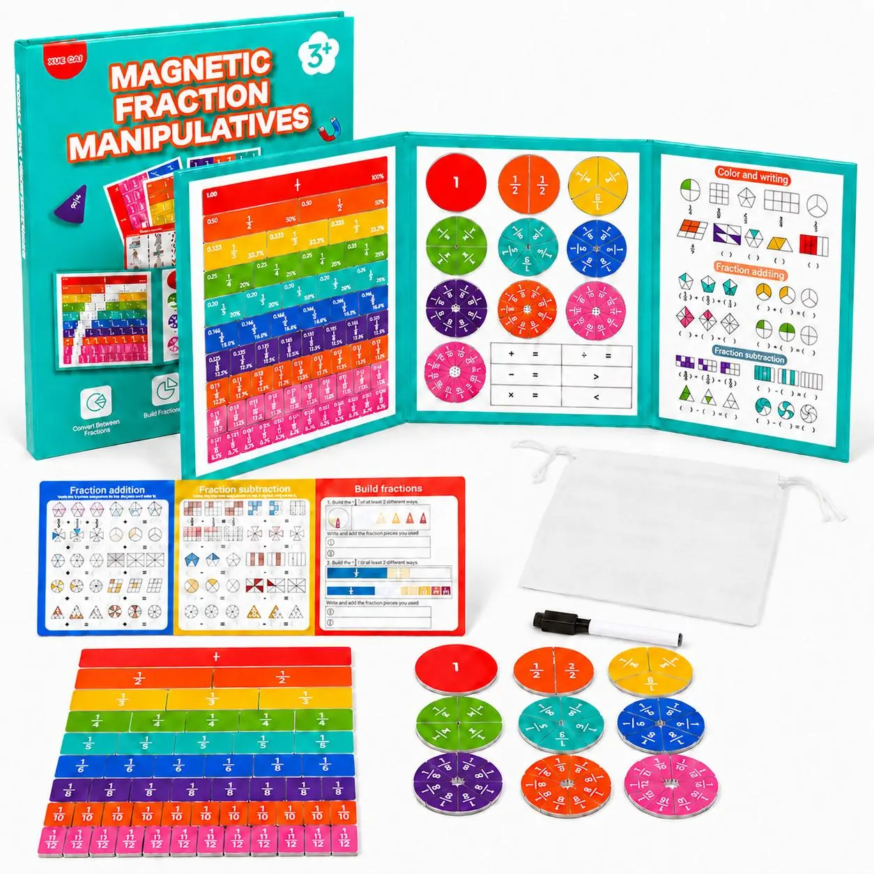Magnetic Fraction Tri-Fold Board Book (Deluxe Set) | Hands-On Visual Math Puzzle with Dry-Erase Cards | Teacher-Approved, Portable Manipulative for Stress-Free Fraction Learning | Ages 3+